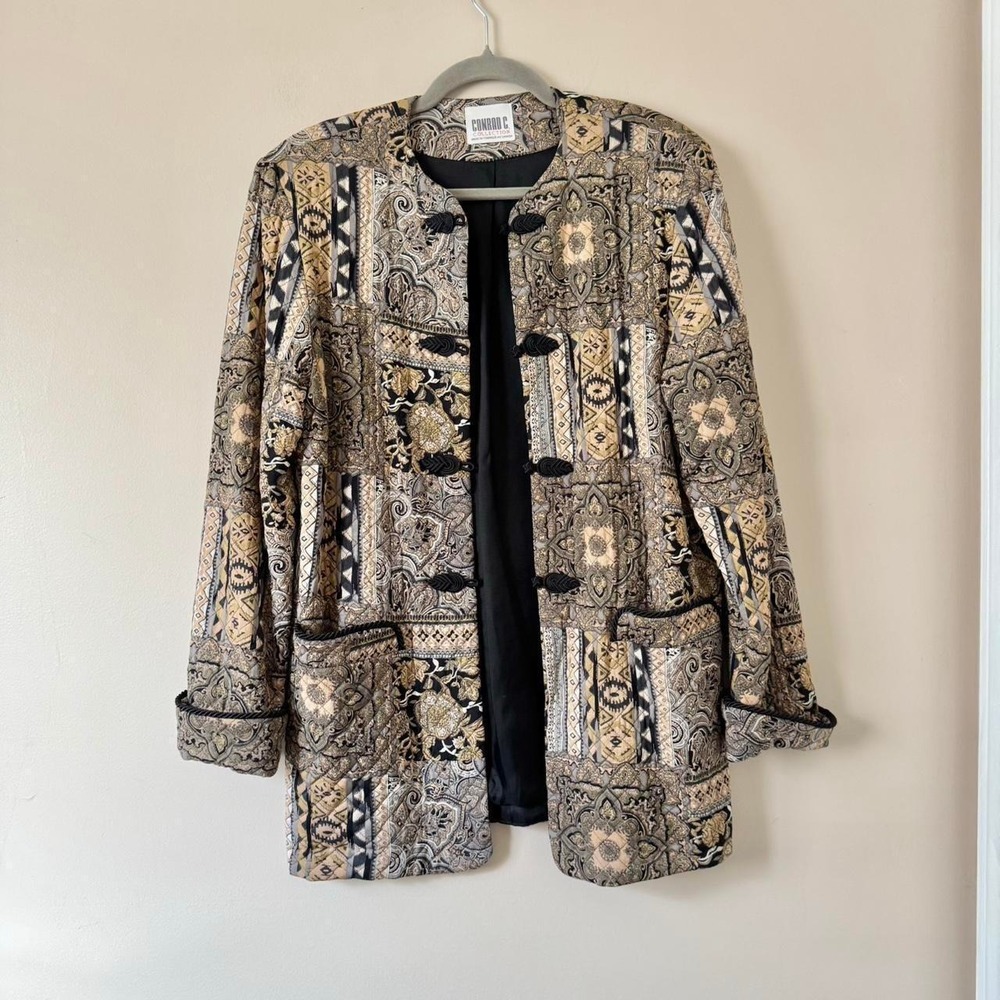 Vintage Black Tan Patchwork Paisley Jacket Frog Clasp chore coat boho